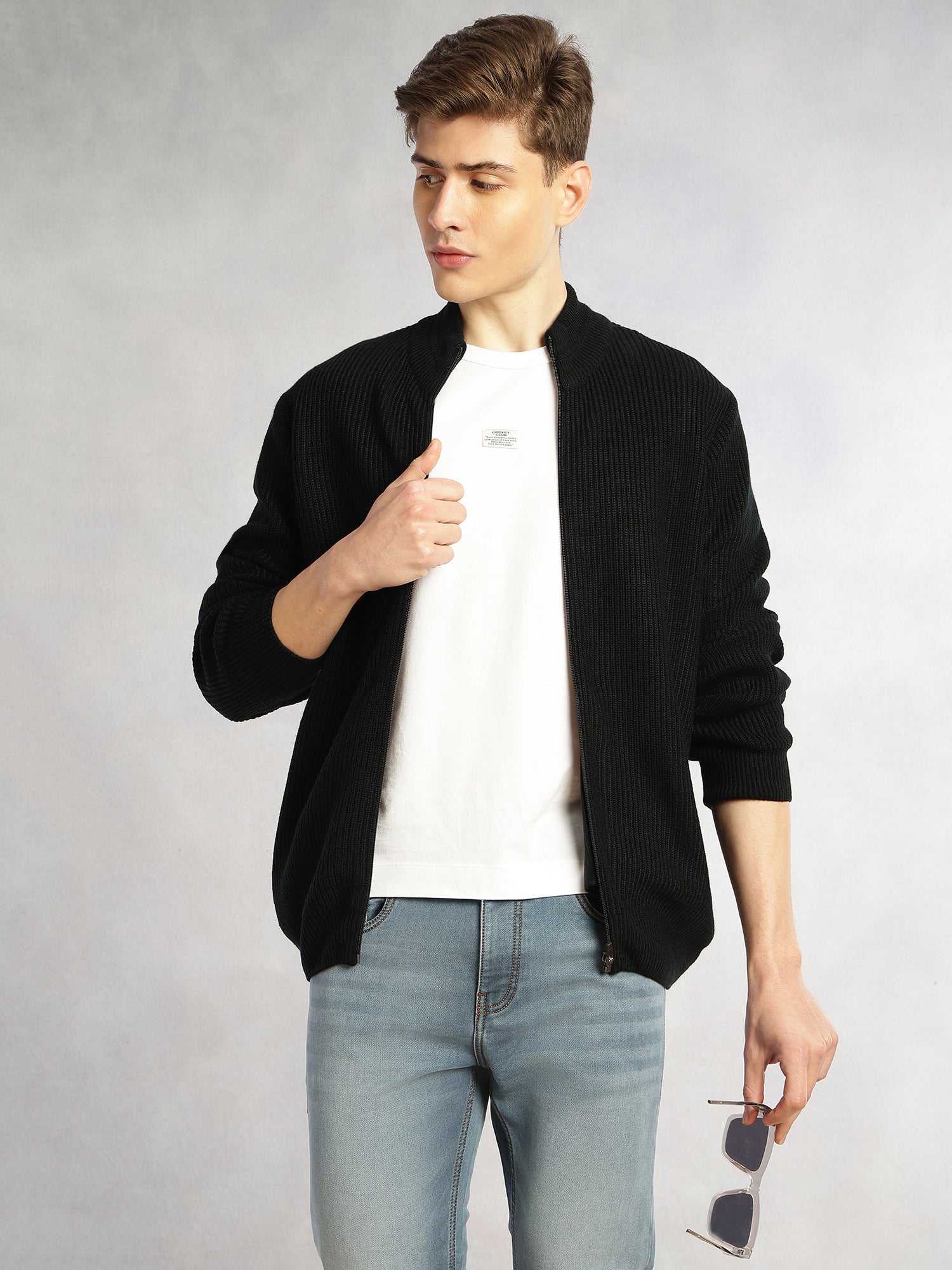 Thomas Scott Men Black Regular Fit Long Sleeves Zip Closure Mock Collar Acrylic Knitted Sweatshirt