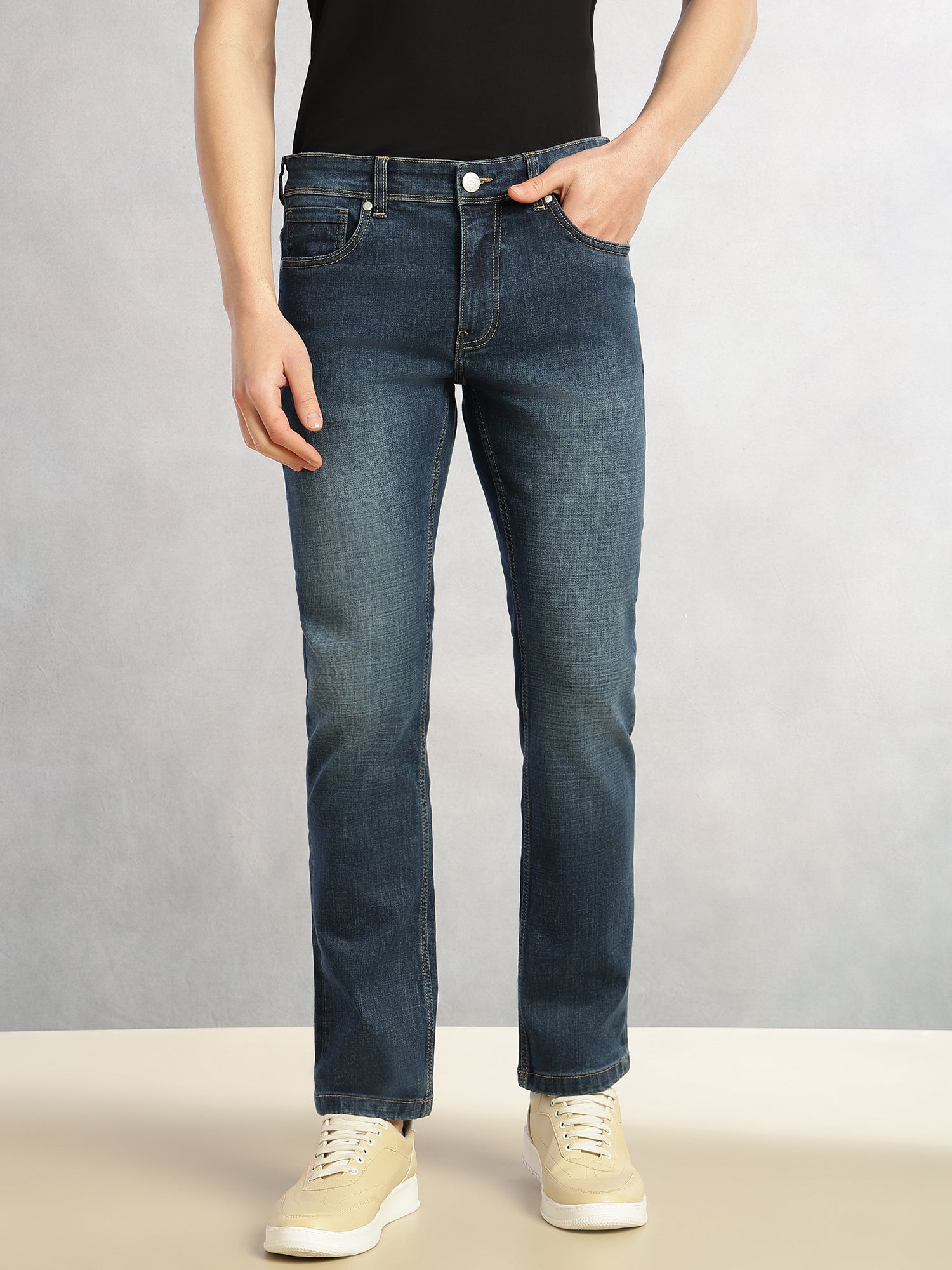 Thomas Scott Men Mid Blue Cricket Club Collection Straight Fit Mid-Rise Faded 5 Pockets Stretchable Jeans