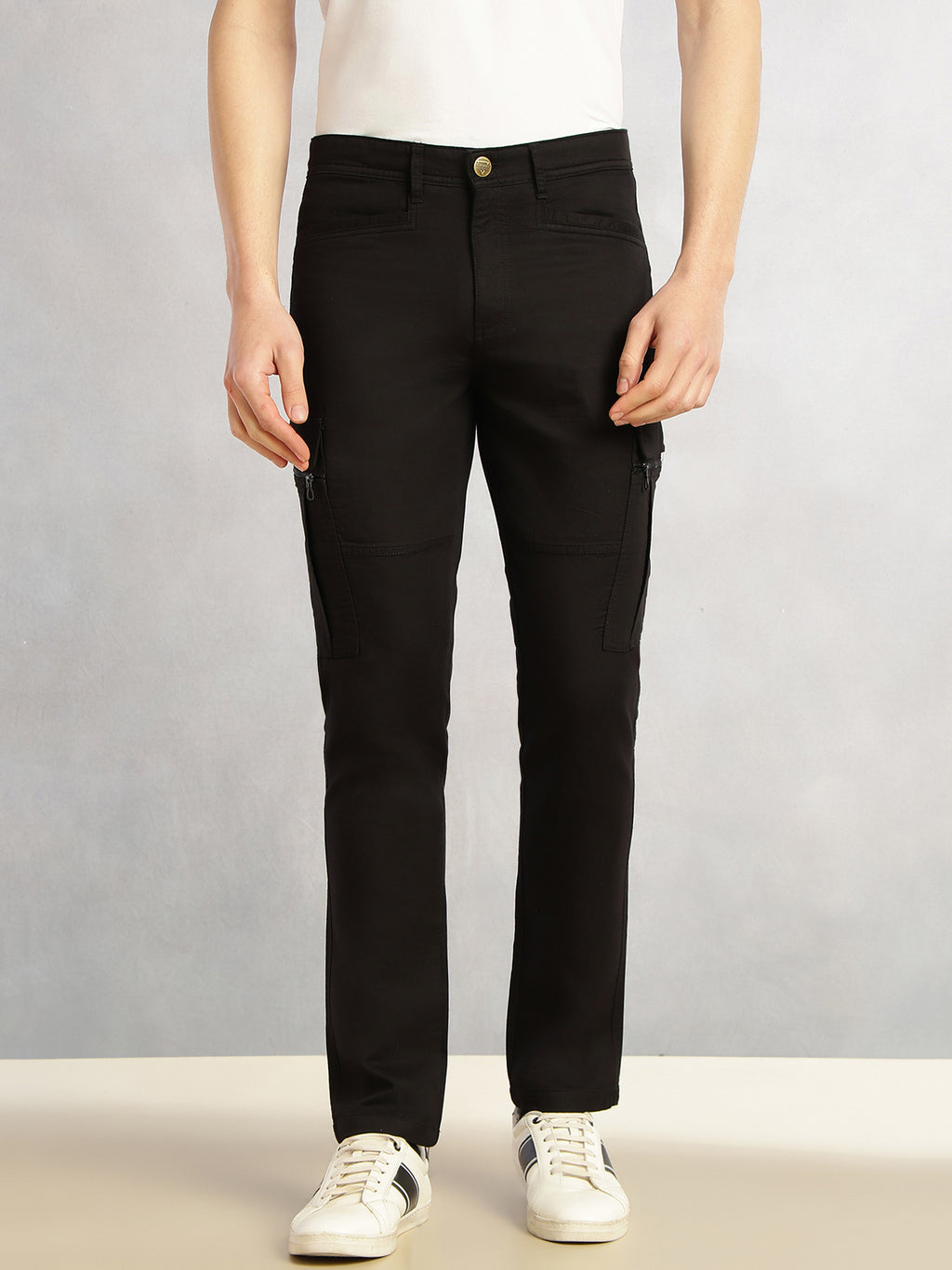 Thomas Scott Men Black Regular Fit Mid-Rise Solid Woven Utility Cargo Trouser