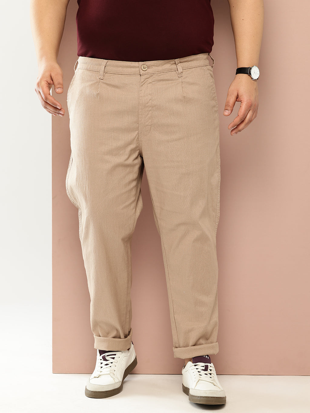 Thomas Scott Men Beige Regular Fit Mid Rise Solid Woven Chino Trouser with Button Waist