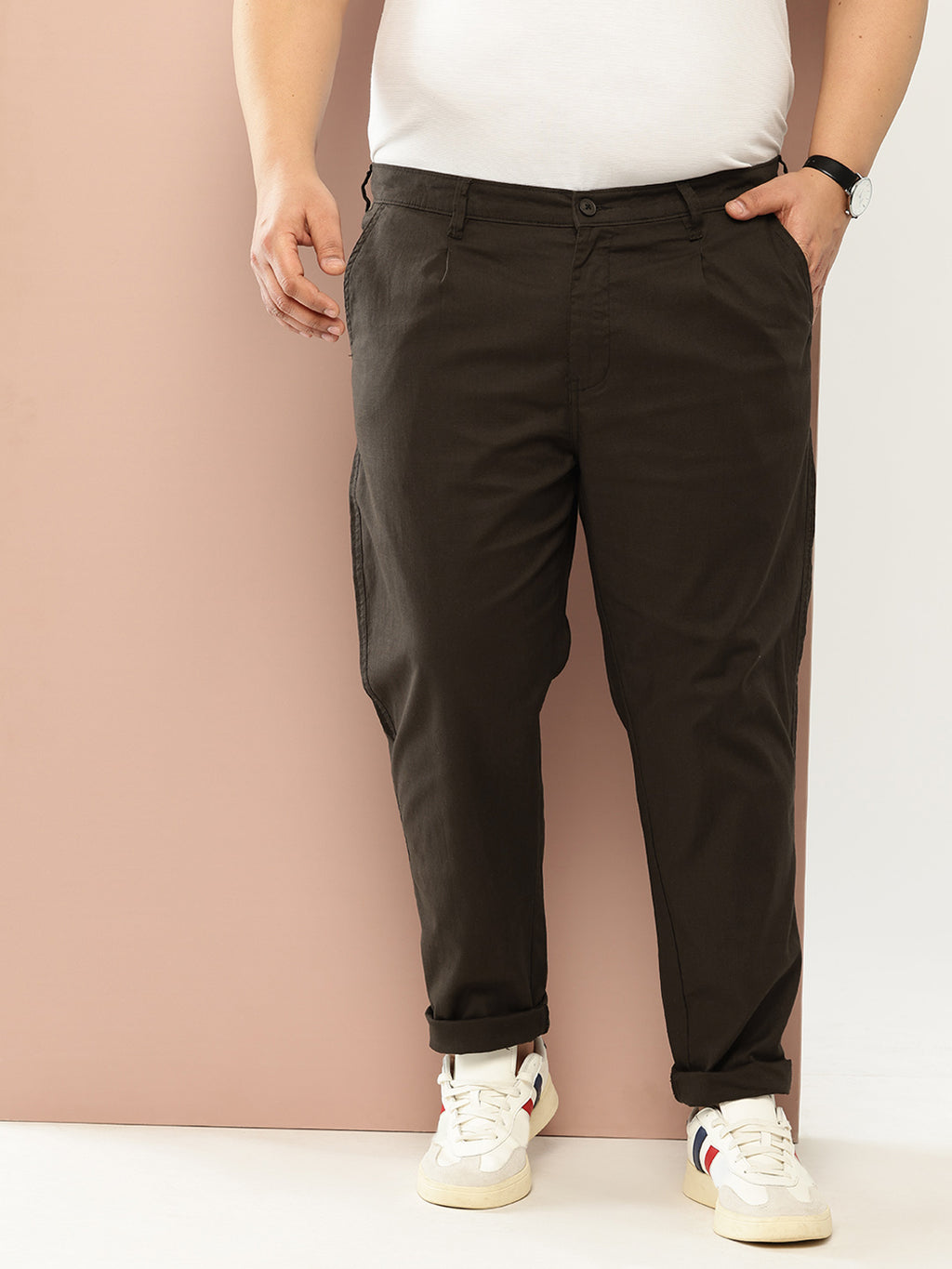 Thomas Scott Men Brown Regular Fit Mid Rise Solid Woven Chino Trouser with Button Waist