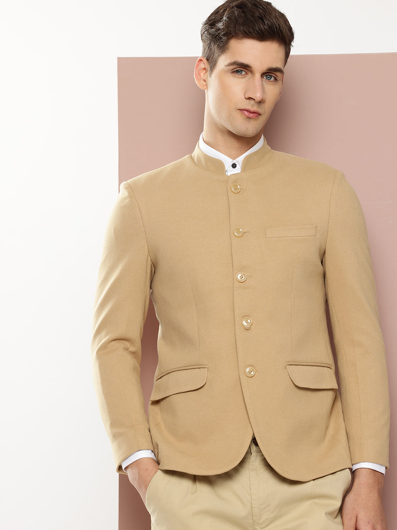 Thomas Scott Men Beige1 Regular Fit Mandarin Collar Long Sleeves Solid Formal and Wedding Wear Bandhgala Blazer