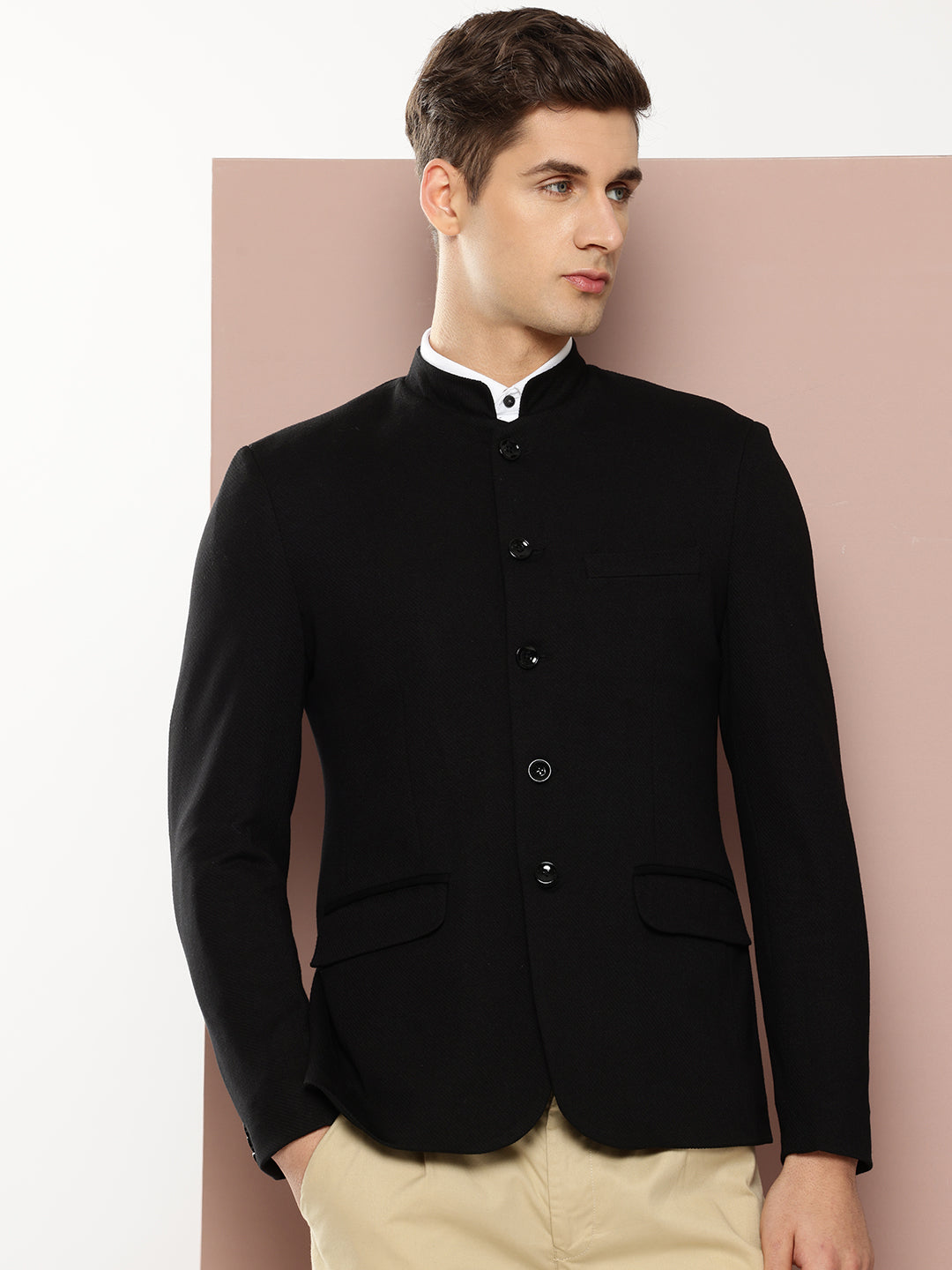 Thomas Scott Men Black1 Regular Fit Mandarin Collar Long Sleeves Solid Formal and Wedding Wear Bandhgala Blazer