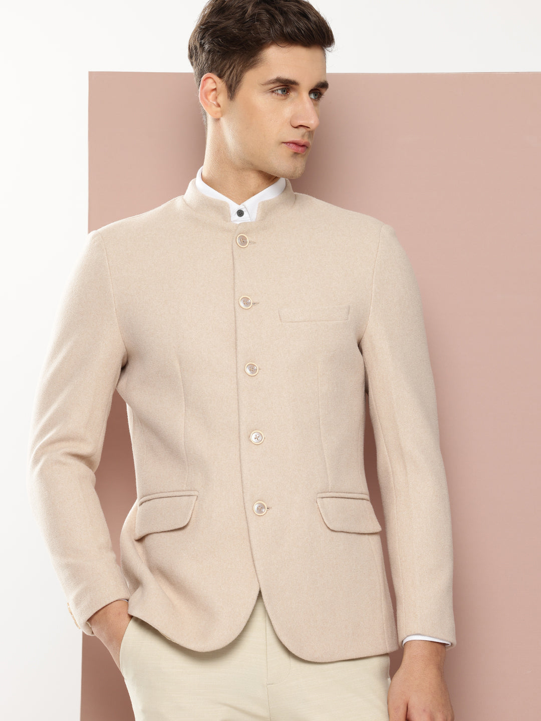 Thomas Scott Men Beige1 Regular Fit Long Sleeves Mandarin Collar Solid Formal and Wedding Wear Bandhgala Blazer