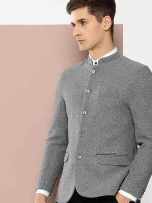 Thomas Scott Men Grey1 Regular Fit Long Sleeves Mandarin Collar Solid Formal and Wedding Wear Bandhgala Blazer