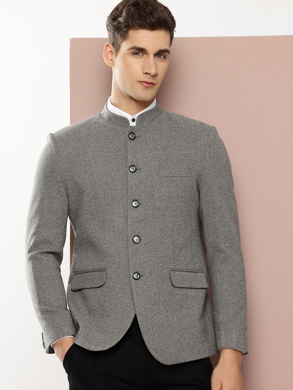 Thomas Scott Men Grey1 Long Sleeves Regular Fit Mandarin Collar Solid Formal and Wedding Wear Bandhgala Blazer