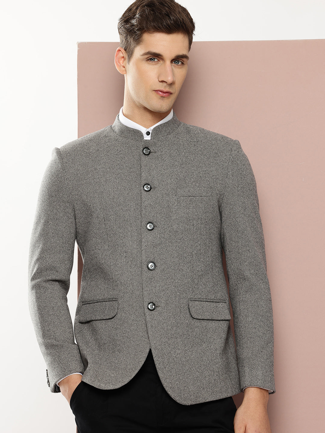 Thomas Scott Men Grey1 Long Sleeves Regular Fit Mandarin Collar Solid Formal and Wedding Wear Bandhgala Blazer