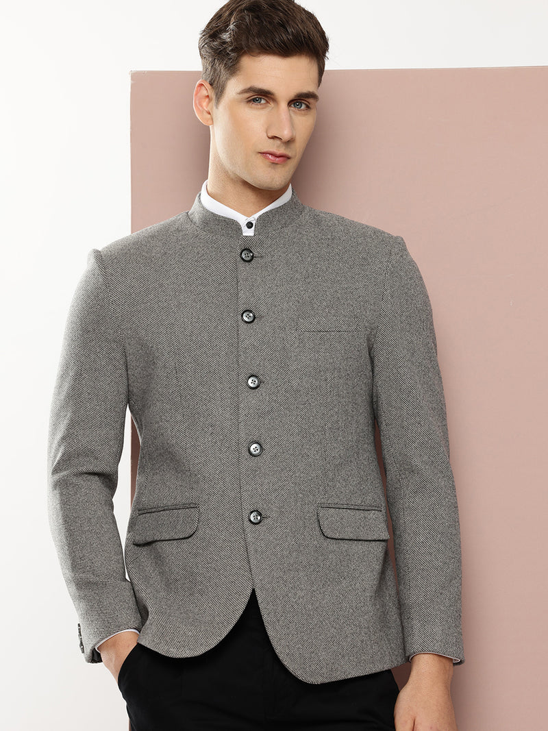 Thomas Scott Men Grey1 Long Sleeves Regular Fit Mandarin Collar Solid Formal and Wedding Wear Bandhgala Blazer