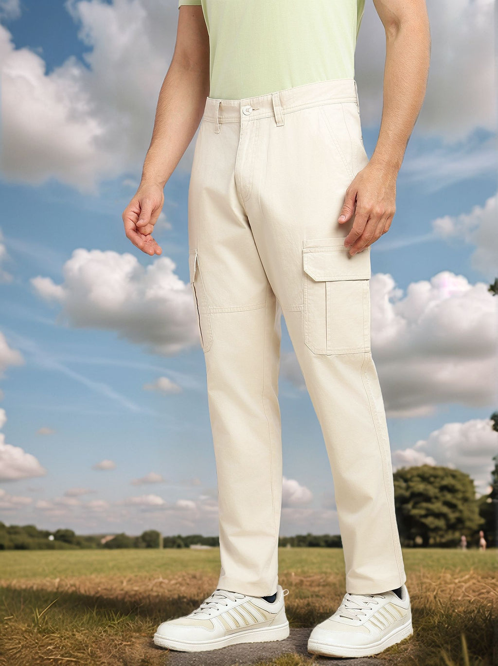 Thomas Scott Men Beige Cricket Club Collections Straight Fit Mid-Rise Solid 6 Pockets 100% Cotton Woven Cargo Trouser