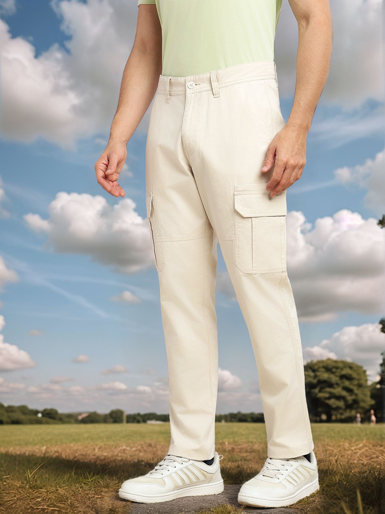 Thomas Scott Men Beige Cricket Club Collections Straight Fit Mid-Rise Solid 6 Pockets 100% Cotton Woven Cargo Trouser