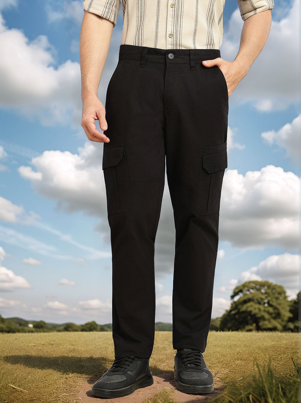 Thomas Scott Men Black Cricket Club Collections Straight Fit Mid-Rise Solid 6 Pockets 100% Cotton Woven Cargo Trouser