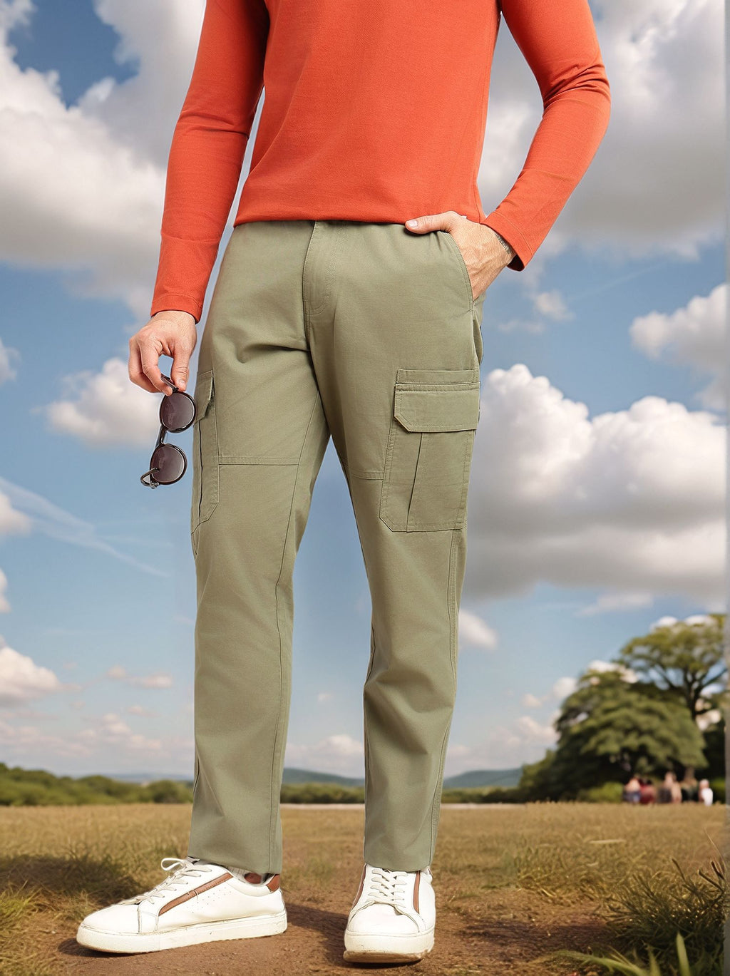 Thomas Scott Men Green Cricket Club Collections Straight Fit Mid-Rise Solid 6 Pockets 100% Cotton Woven Cargo Trouser