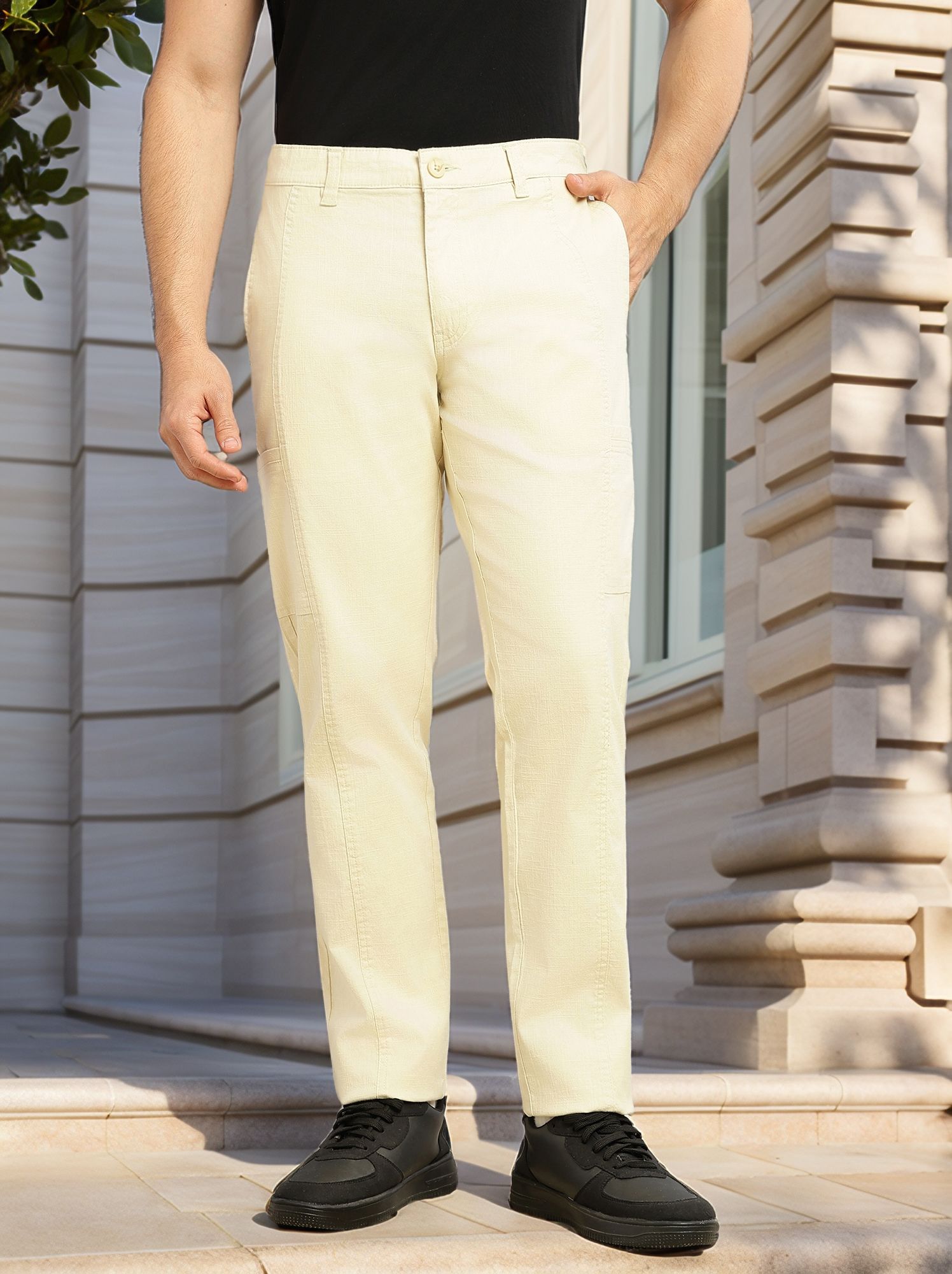 Thomas Scott Men Beige Smart Straight Fit Mid-Rise Solid 6-Pocket Design Woven Cargo Trouser