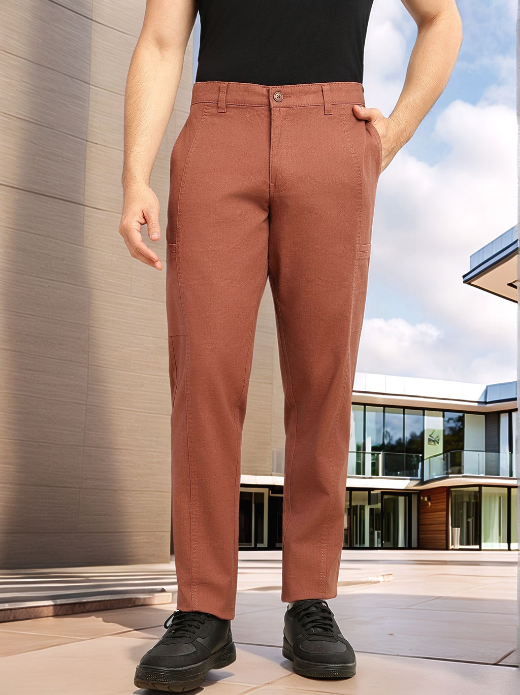 Thomas Scott Men Brown Smart Straight Fit Mid-Rise Solid 6-Pocket Design Woven Cargo Trouser
