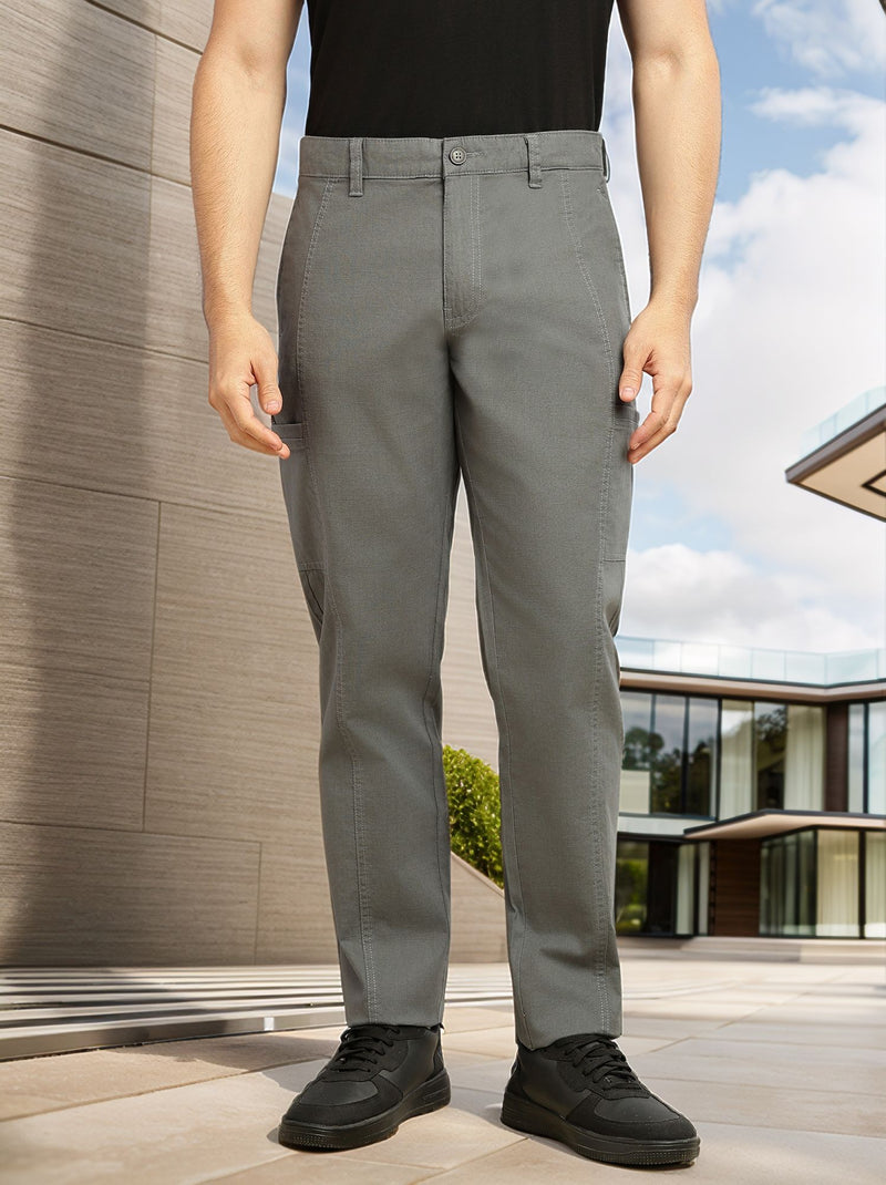 Thomas Scott Men Steel Grey Smart Straight Fit Mid-Rise Solid 6-Pocket Design Woven Cargo Trouser