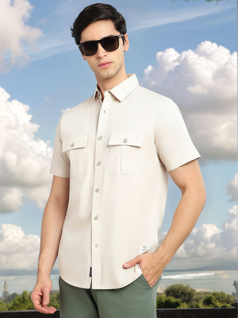 Thomas Scott Men Beige Cricket Club Collection Slim Fit Short Sleeve Spread Collar 2 Flap Pockets Solid Design Cotton Twill Casual Shirt