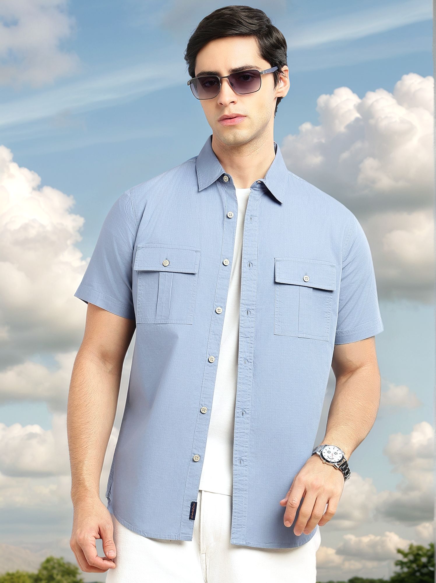 Thomas Scott Men Blue Cricket Club Collection Slim Fit Short Sleeve Spread Collar 2 Flap Pockets Solid Design Cotton Twill Casual Shirt