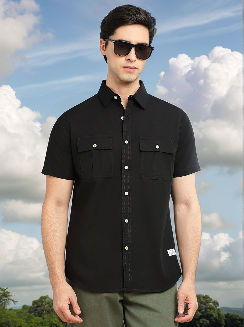 Thomas Scott Men Black Cricket Club Collection Slim Fit Short Sleeve Spread Collar 2 Flap Pockets Solid Design Cotton Twill Casual Shirt