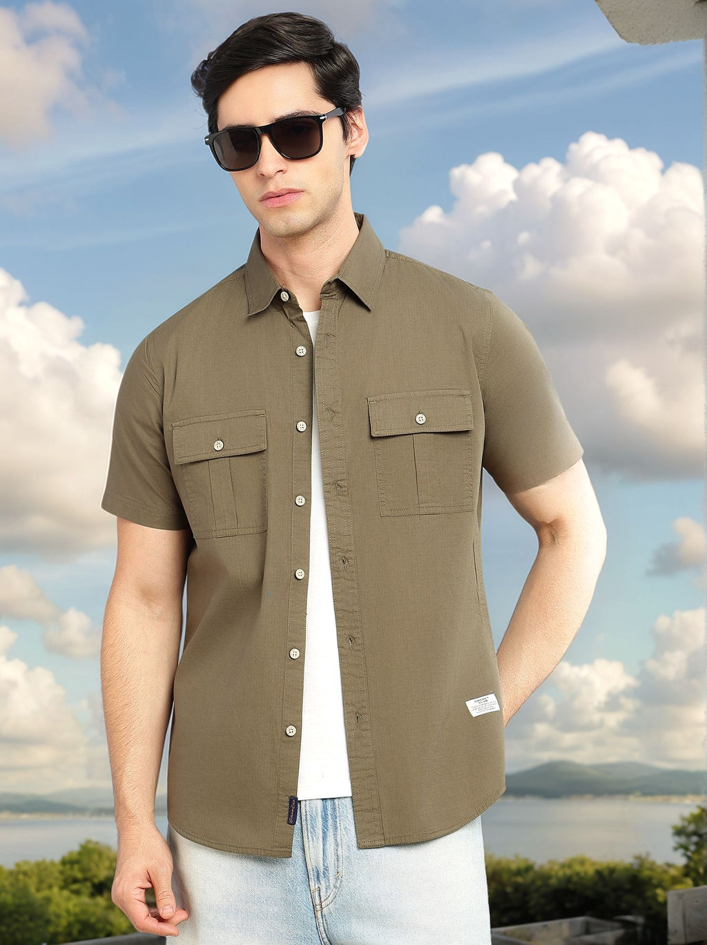 Thomas Scott Men Olive Cricket Club Collection Slim Fit Short Sleeve Spread Collar 2 Flap Pockets Solid Design Cotton Twill Casual Shirt