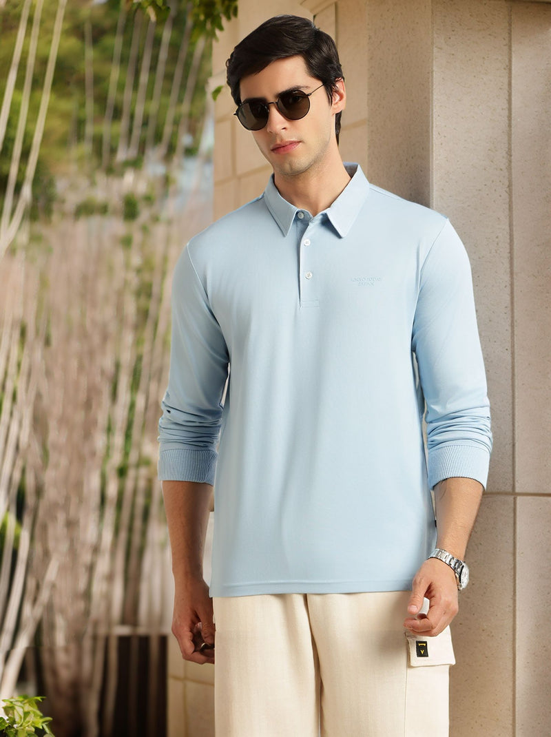 Thomas Scott Men Blue Regular Fit Long Sleeves Solid Viscose Rayon Knitted Polo Collar Performance Tshirt