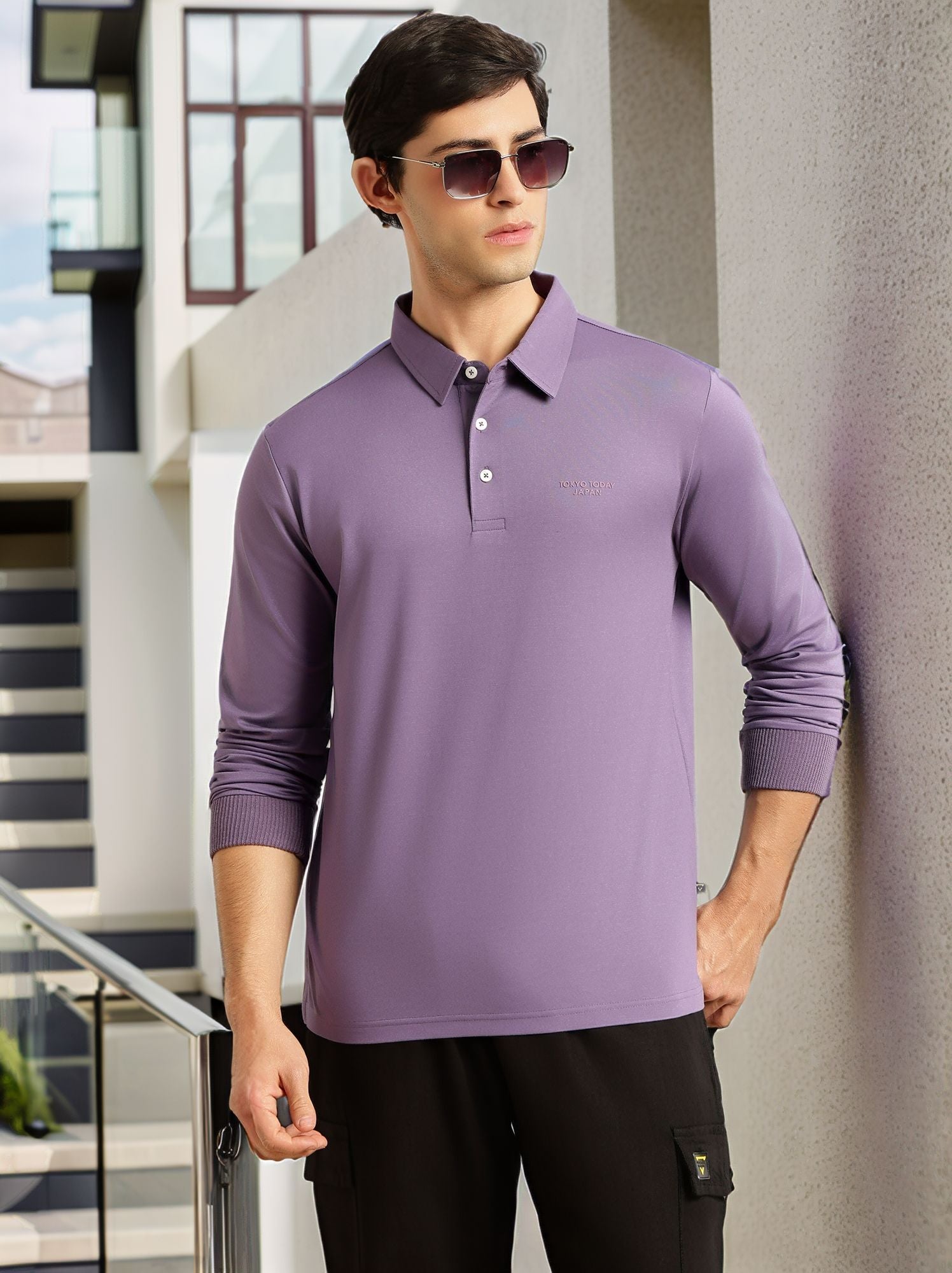 Thomas Scott Men Lavender Regular Fit Long Sleeves Solid Viscose Rayon Knitted Polo Collar Performance Tshirt