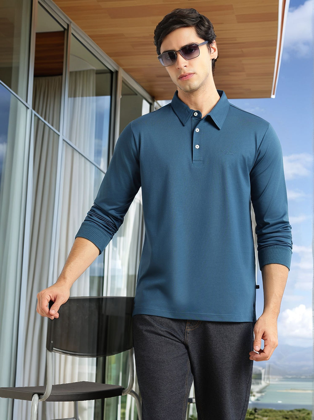 Thomas Scott Men Teal Regular Fit Long Sleeves Solid Viscose Rayon Knitted Polo Collar Performance Tshirt