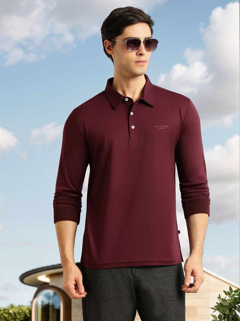 Thomas Scott Men Wine Regular Fit Long Sleeves Solid Viscose Rayon Knitted Polo Collar Performance Tshirt
