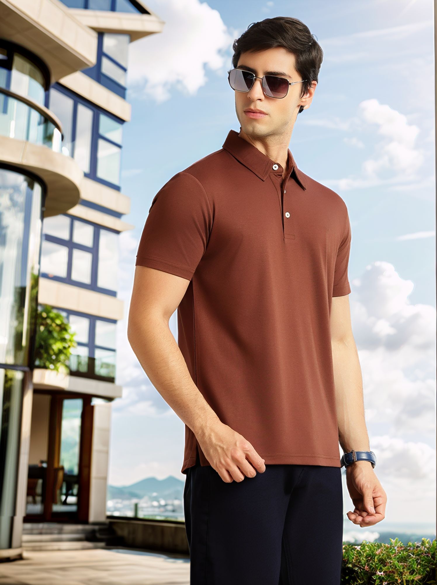 Thomas Scott Men Coffee Brown Regular Fit Short Sleeves Viscose Rayon Solid Knitted Polo Collar Performance Tshirt
