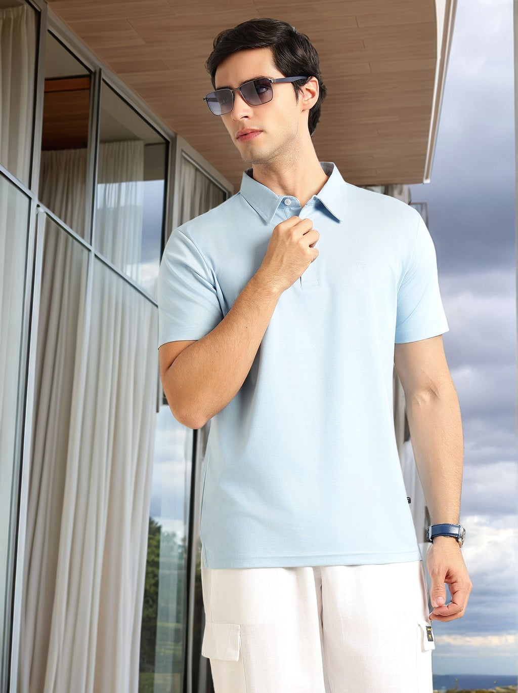 Thomas Scott Men Sky Blue Regular Fit Short Sleeves Viscose Rayon Solid Knitted Polo Collar Performance Tshirt