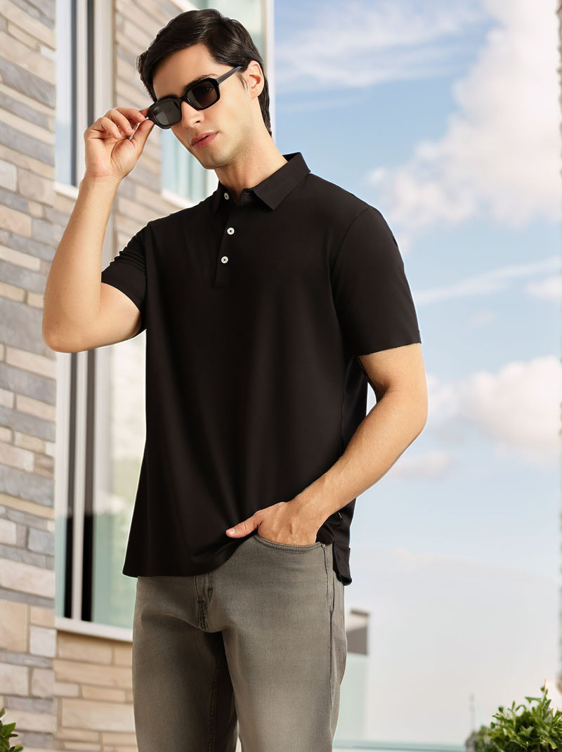 Thomas Scott Men Black Regular Fit Short Sleeves Solid Viscose Rayon Knitted Polo Collar Performance T-shirt