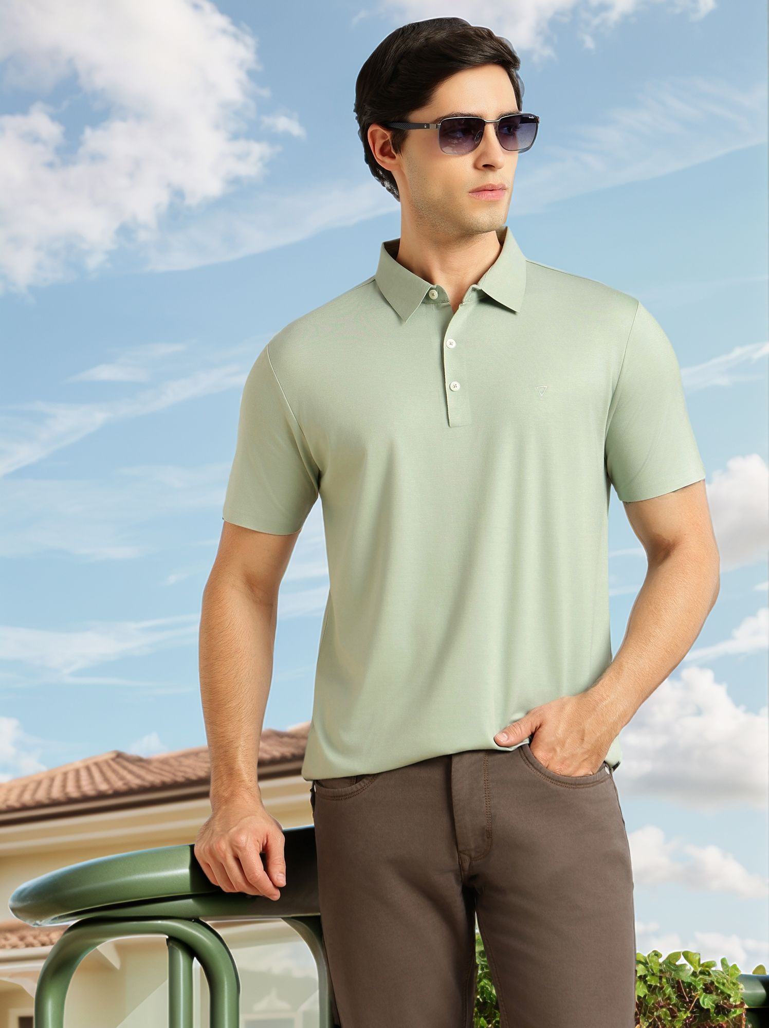 Thomas Scott Men Sage Green Regular Fit Short Sleeves Solid Viscose Rayon Knitted Polo Collar Performance T-shirt