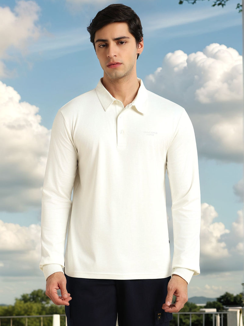 Thomas Scott Men Off White Regular Fit Long Sleeves Solid Viscose Rayon Knitted Polo Collar Performance Tshirt