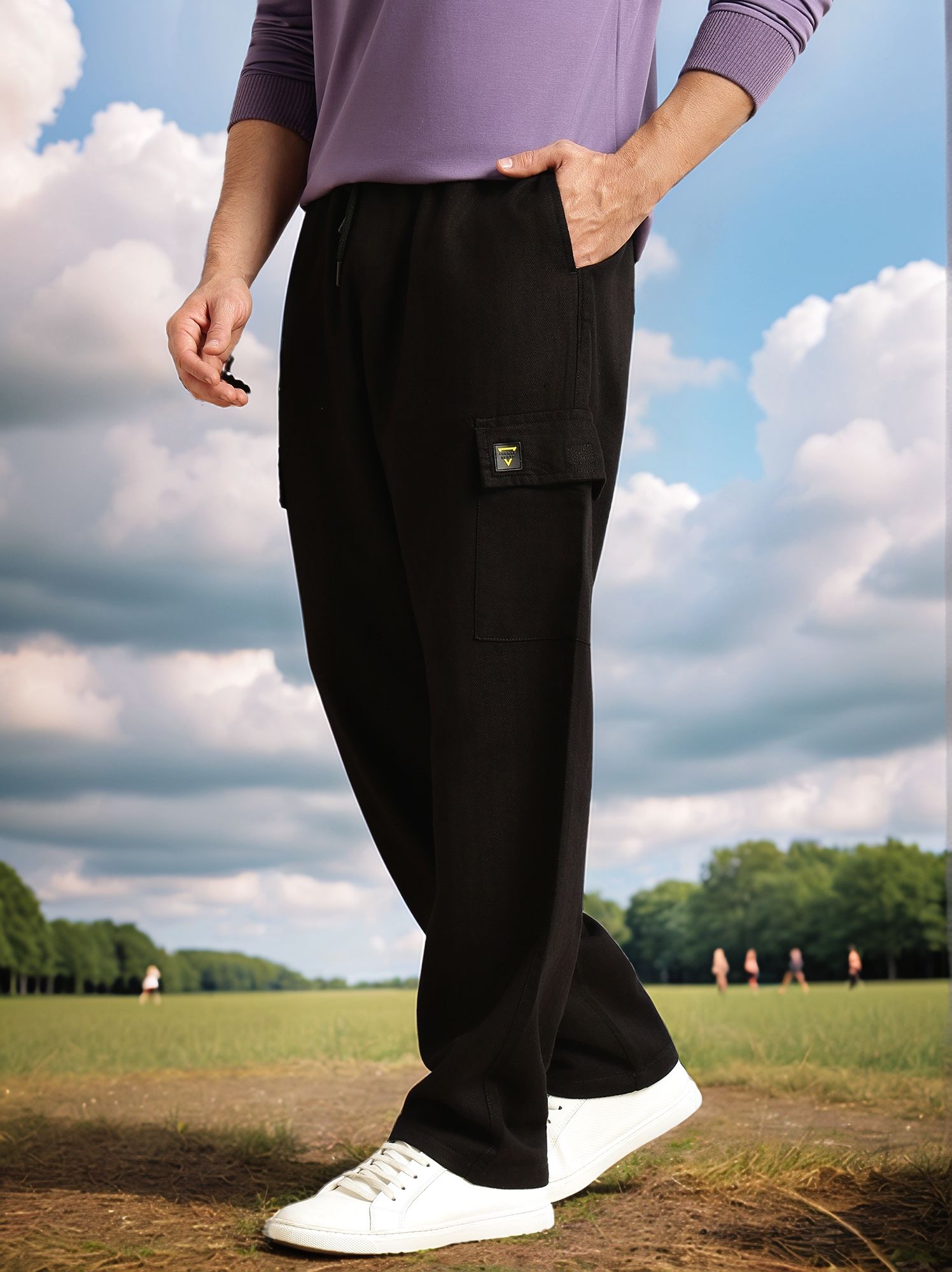 Thomas Scott Men Black Regular Fit Mid-Rise Linen Cargo Trouser with Drawstring Closure , 5 Pocket Design