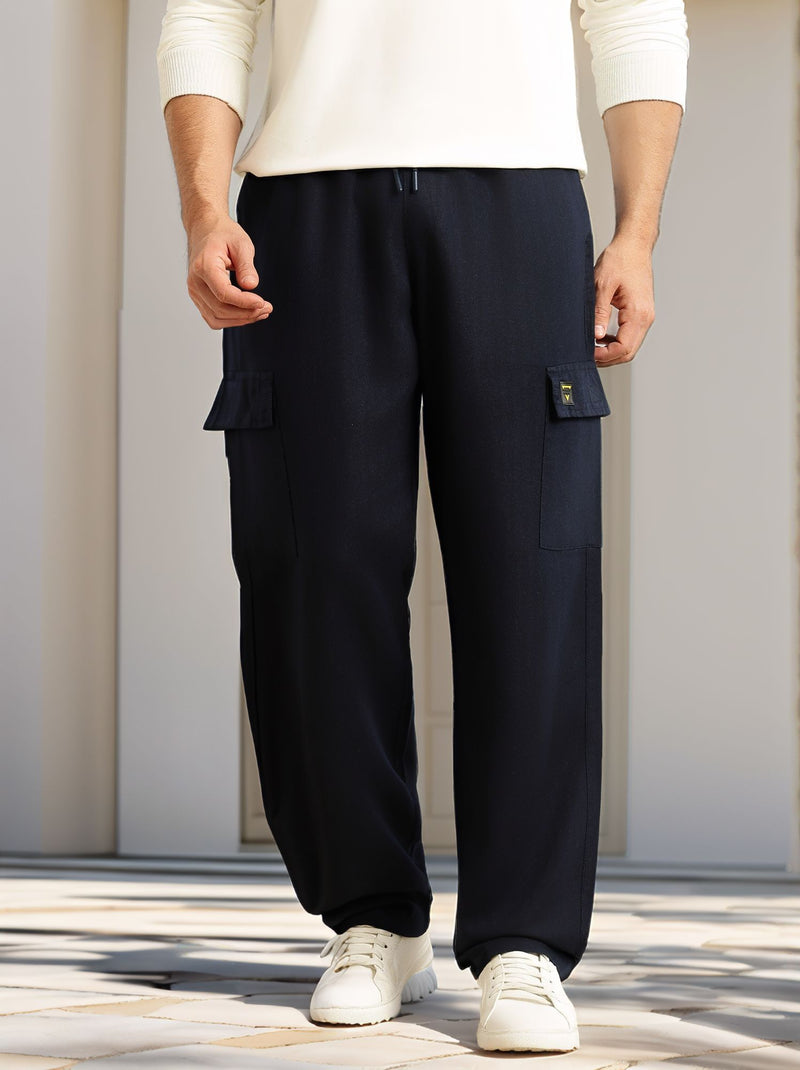 Thomas Scott Men Navy Regular Fit Mid-Rise Linen Cargo Trouser with Drawstring Closure , 5 Pocket Design