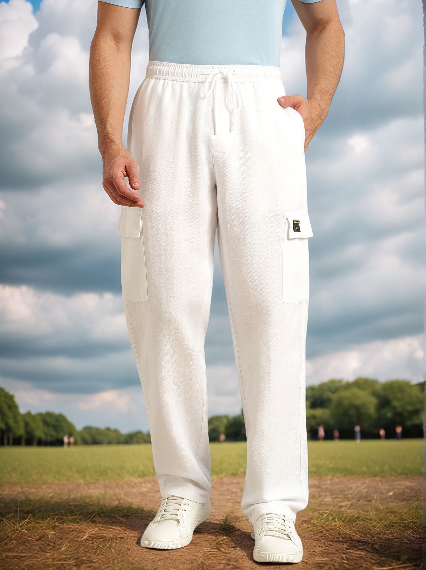 Thomas Scott Men White Regular Fit Mid-Rise Linen Cargo Trouser with Drawstring Closure , 5 Pocket Design