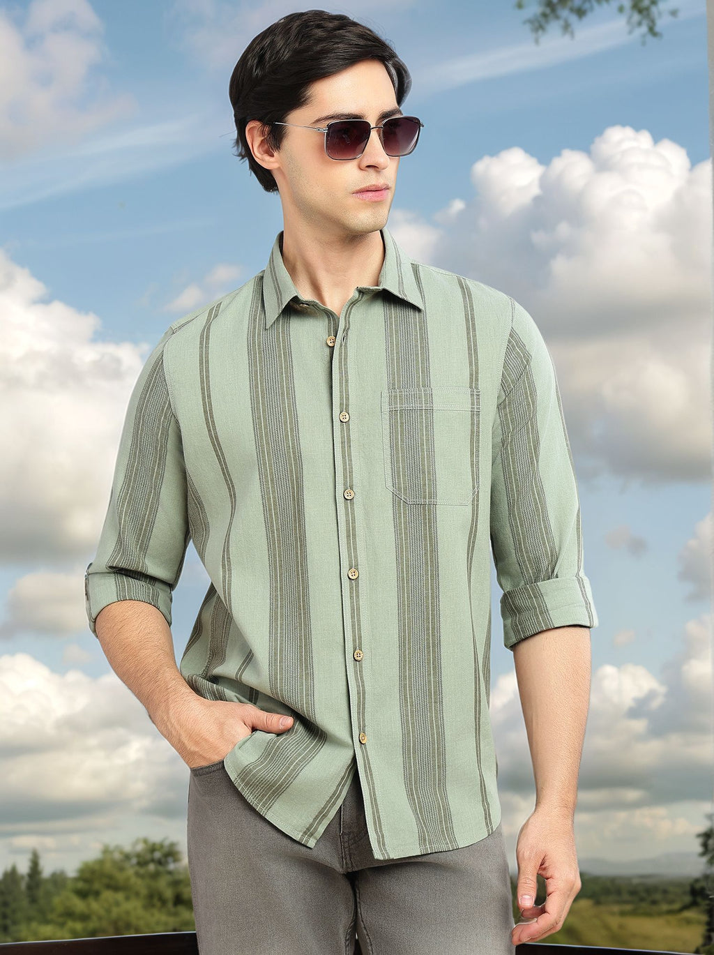 Thomas Scott Men Green Cricket Club Collection Men Striped Cotton Linen Shirt-Slim Fit, Long Sleeve, Spread Collar Casual Wear