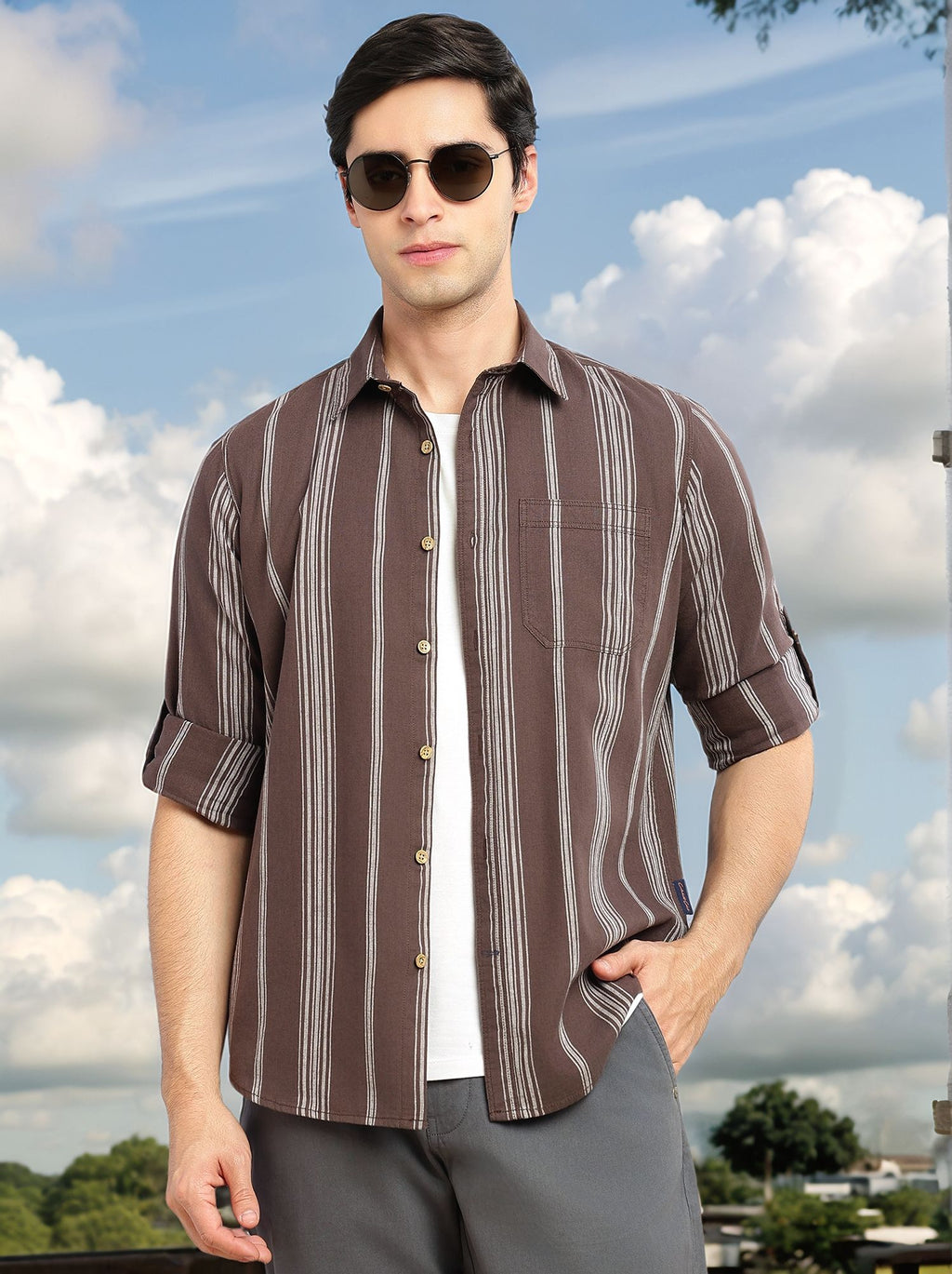 Thomas Scott Men Brown Cricket Club Collection Slim Fit Cotton Linen Classic Striped Casual Wear Shirt for Men