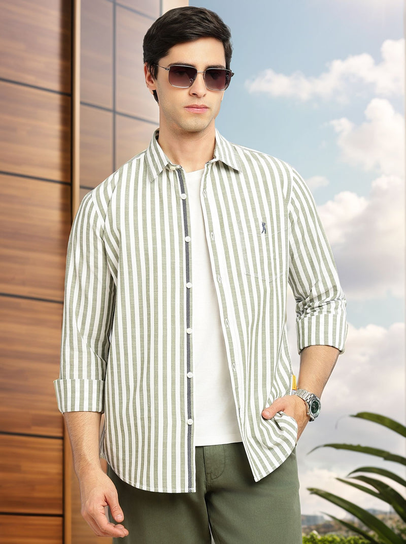 Thomas Scott Men Green Cricket Club Collection Slim Fit 100% Cotton Oxford Shirt with Vertical Stripes & Spread Collar