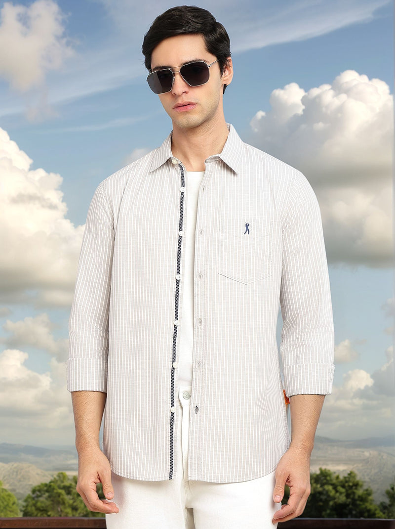 Thomas Scott Men Grey Cricket Club Collection Slim Fit 100% Cotton Oxford Shirt with Vertical Stripes & Spread Collar