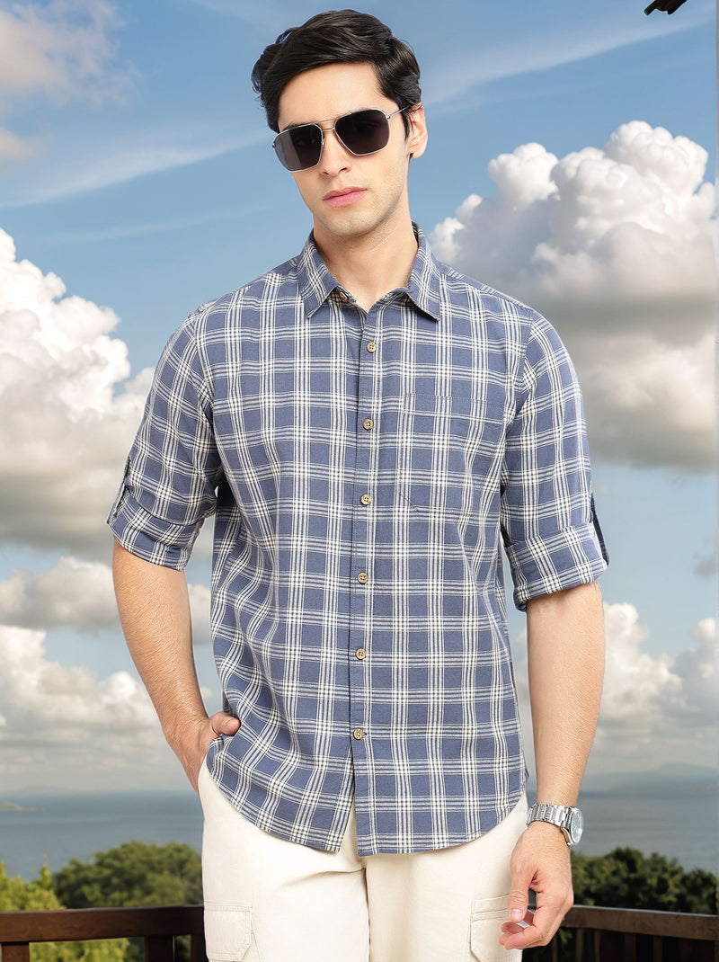 Thomas Scott Men Blue Slim Fit Tartan Checks Cotton Linen Casual Shirt-Cricket Club Collection, Roll-Up Sleeves & Spread Collar
