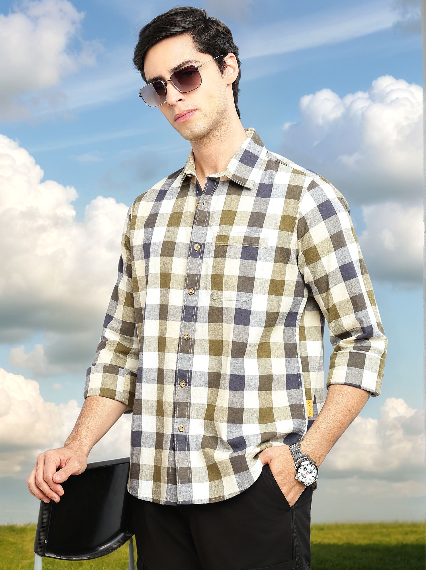 Thomas Scott Men Beige Cricket Club Collection Slim Fit Long Sleeves Shepherd Check Spread Collar Cotton Linen Casual Shirt