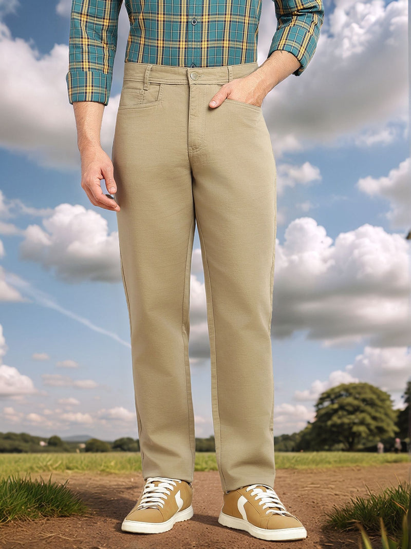 Thomas Scott Men Dark Khaki Smart Straight Fit Mid-Rise Solid 5-Pocket Design Woven Chinos Trouser