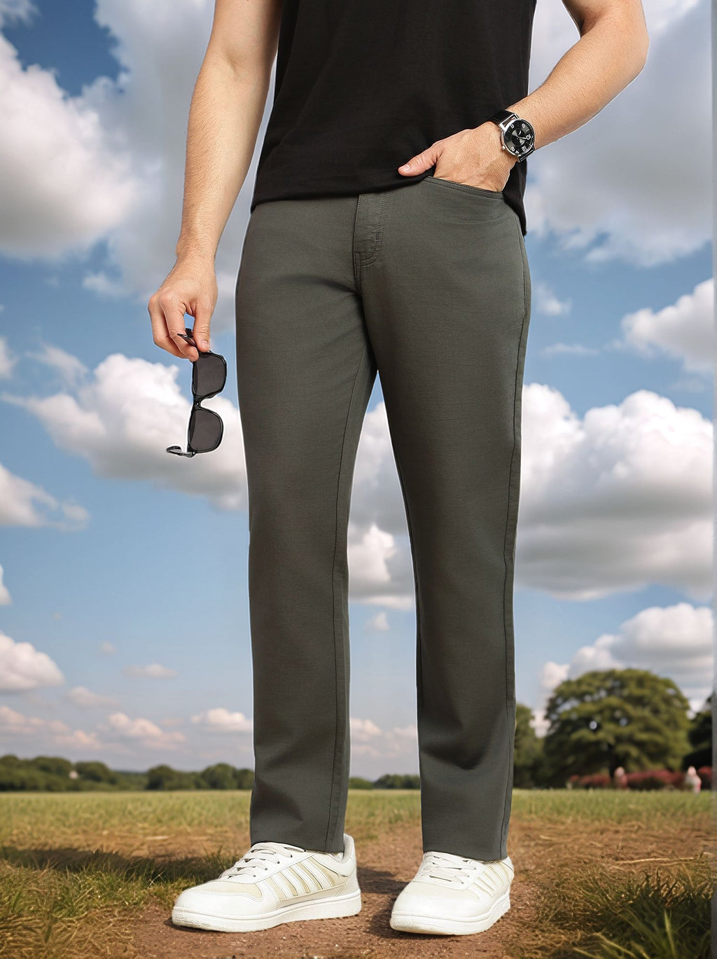 Thomas Scott Men Grey Smart Straight Fit Mid-Rise Solid 5-Pocket Design Woven Chinos Trouser