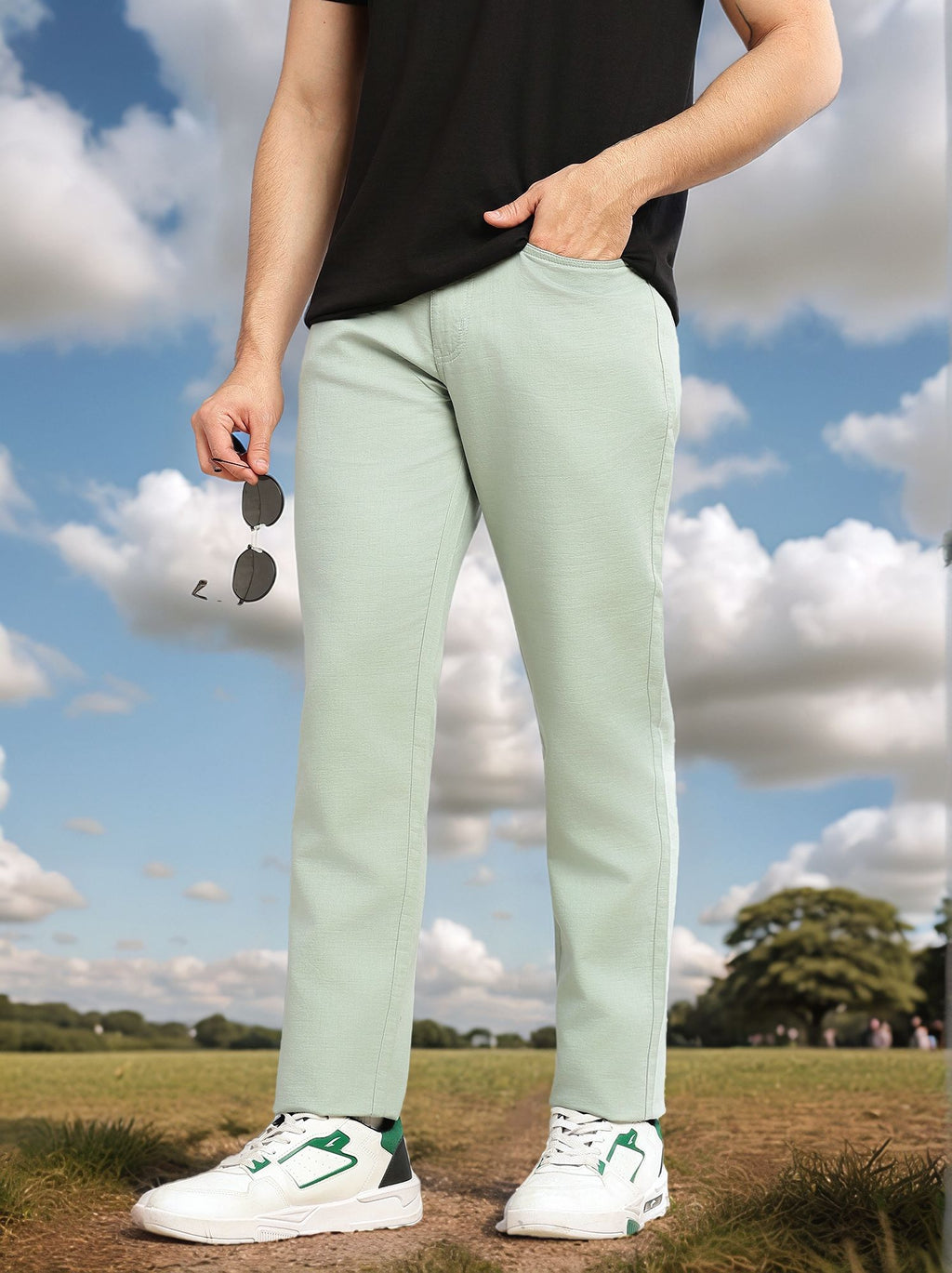 Thomas Scott Men Mint Smart Straight Fit Mid-Rise Solid 5-Pocket Design Woven Chinos Trouser