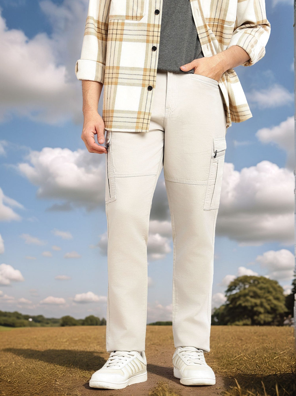 Thomas Scott Men Grey Regular Fit Mid-Rise Solid Woven Utility Cargo Trouser