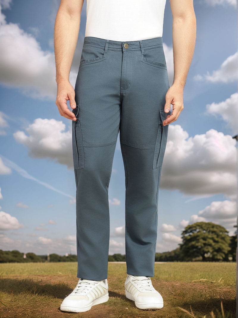 Thomas Scott Men Mid Blue Regular Fit Mid-Rise Solid Woven Utility Cargo Trouser