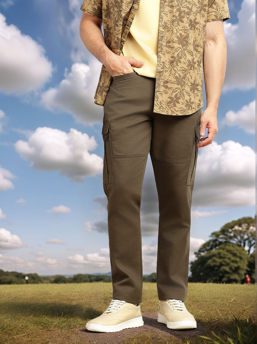 Thomas Scott Men Olive Regular Fit Mid-Rise Solid Woven Utility Cargo Trouser