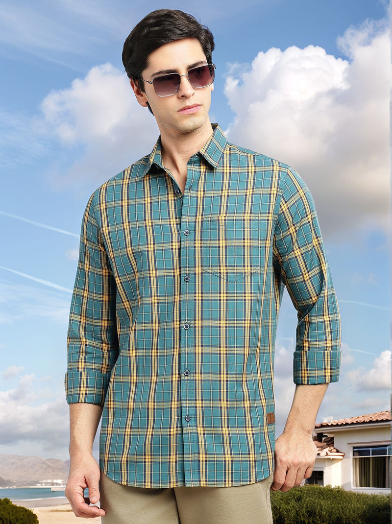 Thomas Scott Men Teal Slim Fit Tartan Checks Long Sleeves Spread Collar 100% Cotton Twill Casual Shirt