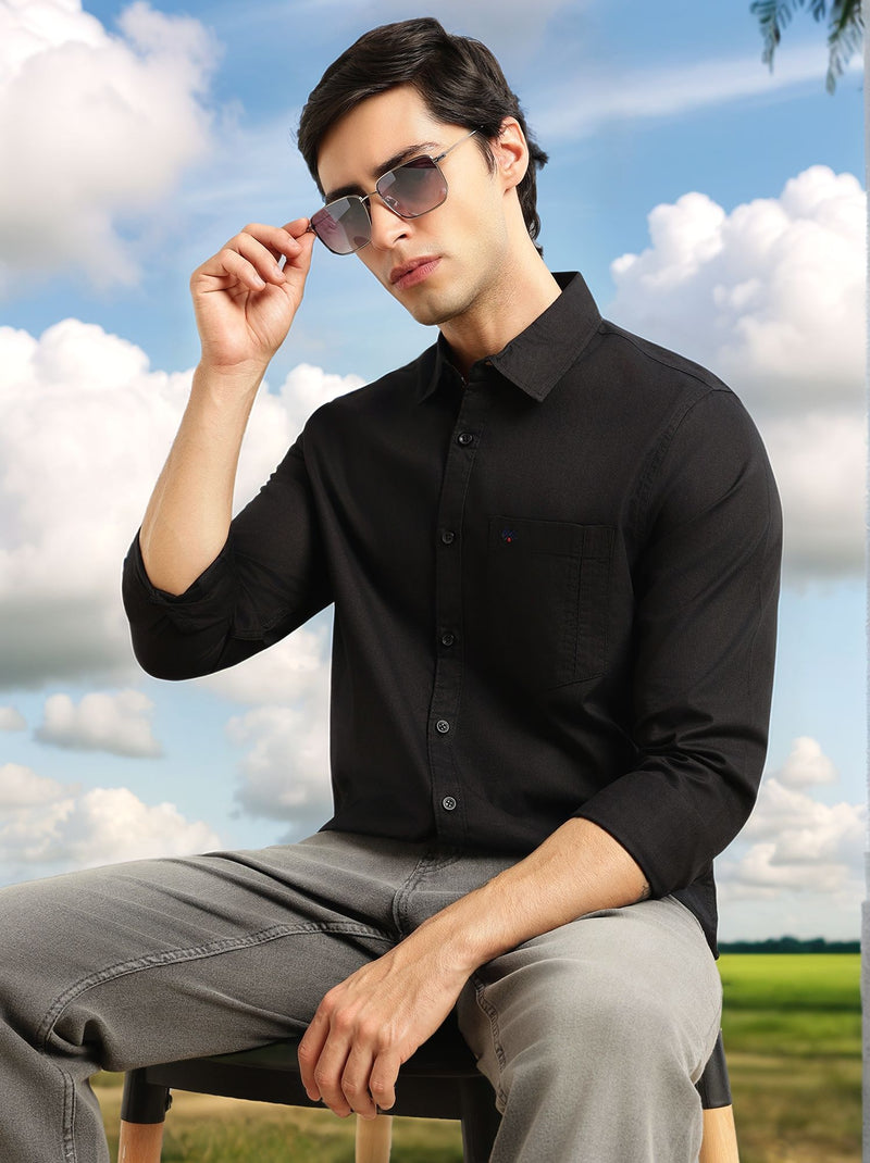 Thomas Scott Men Black Slim Fit Long Sleeves Solid Spread Collar 100% Cotton Twill Casual Shirt
