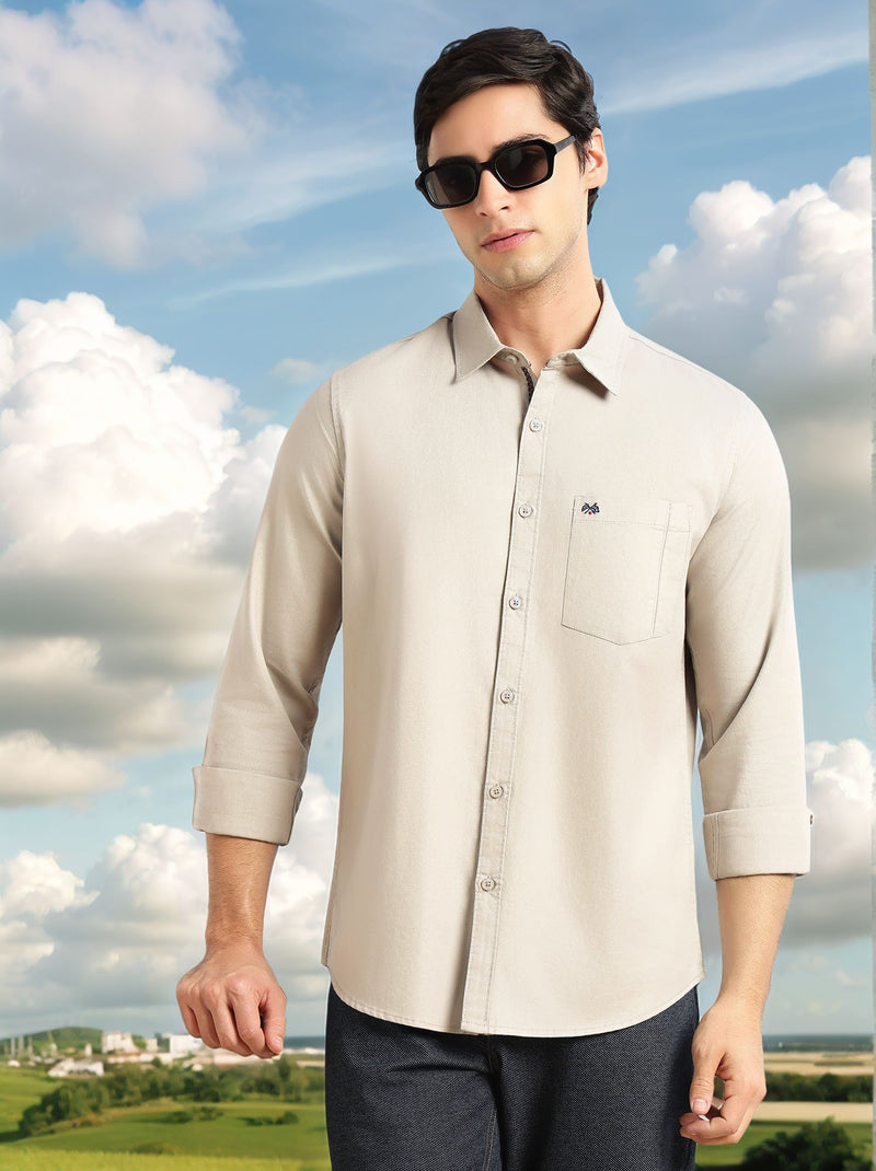 Thomas Scott Men Grey Slim Fit Long Sleeves Solid Spread Collar 100% Cotton Twill Casual Shirt